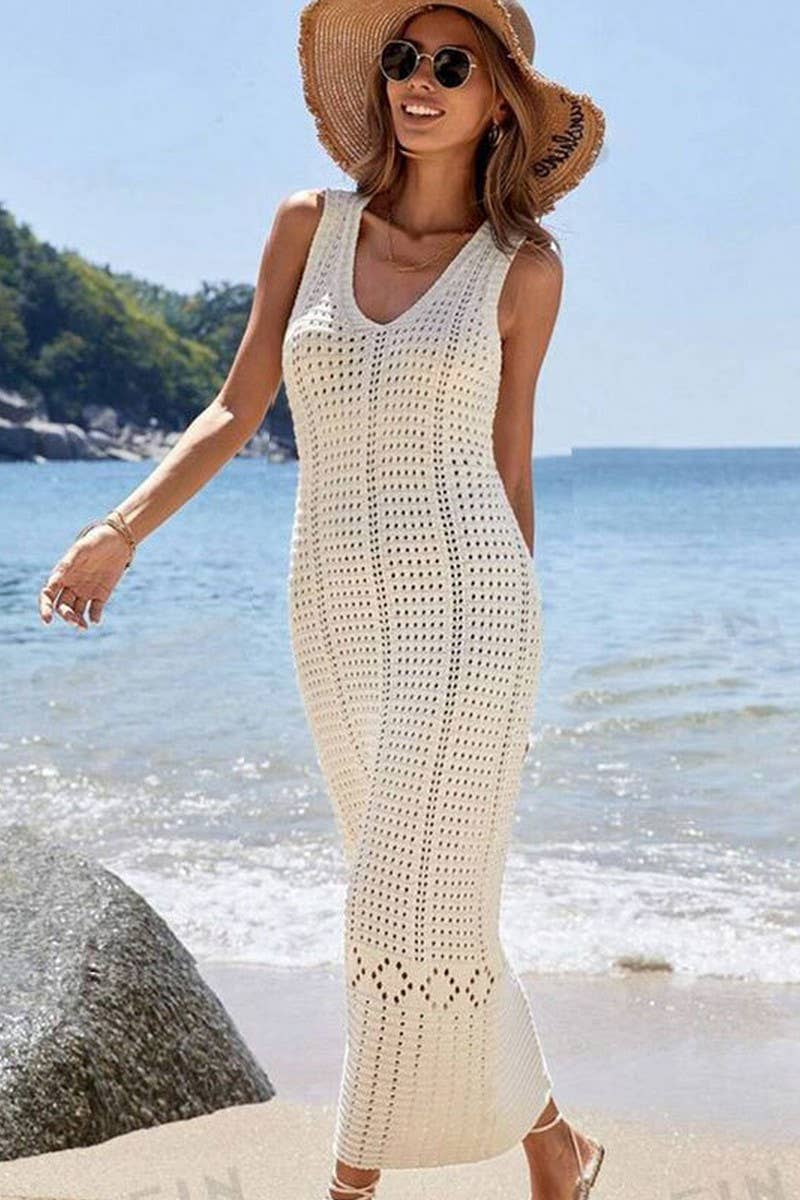 CWDMD4741_KNIT HOLLOW LONG TANK BIKINI COVER UP DRESS