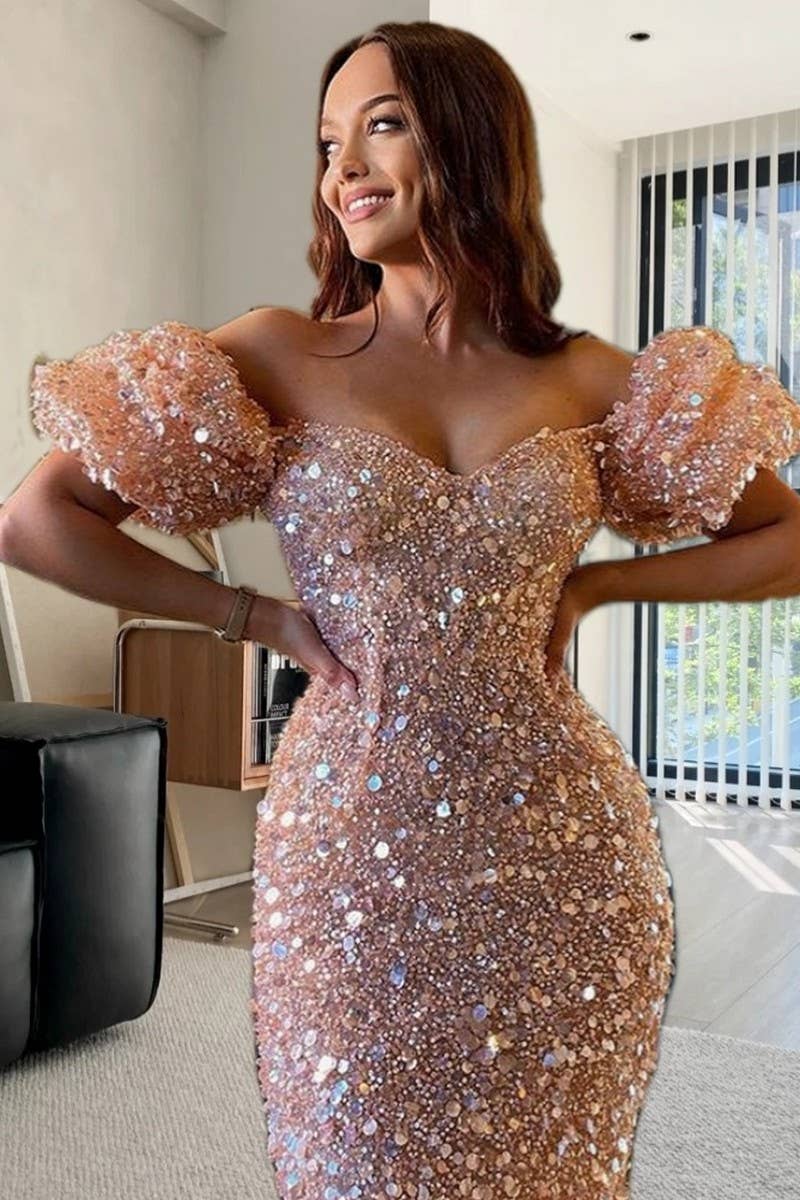 CWDMD5636_PARTY PUFF SLEEVE DEEP V SEQUINED EVENING DRESS