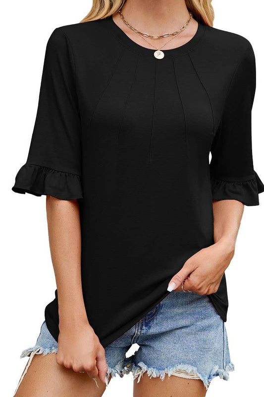 Cwtts1329_Summer New Round Neck Lotus Leaf Sleeves T-Shirt