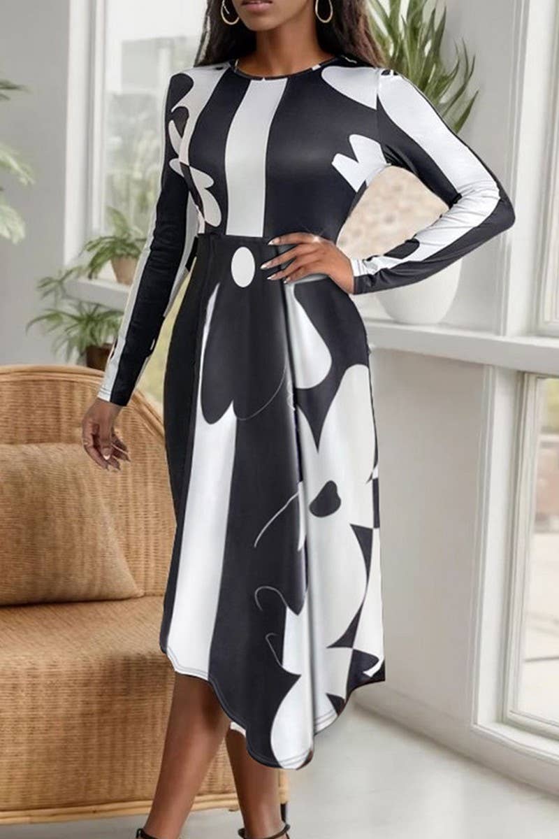 CWDMD4682_AUTUMN IRREGULAR PATTERN ROUND NECK SLIM DRESS