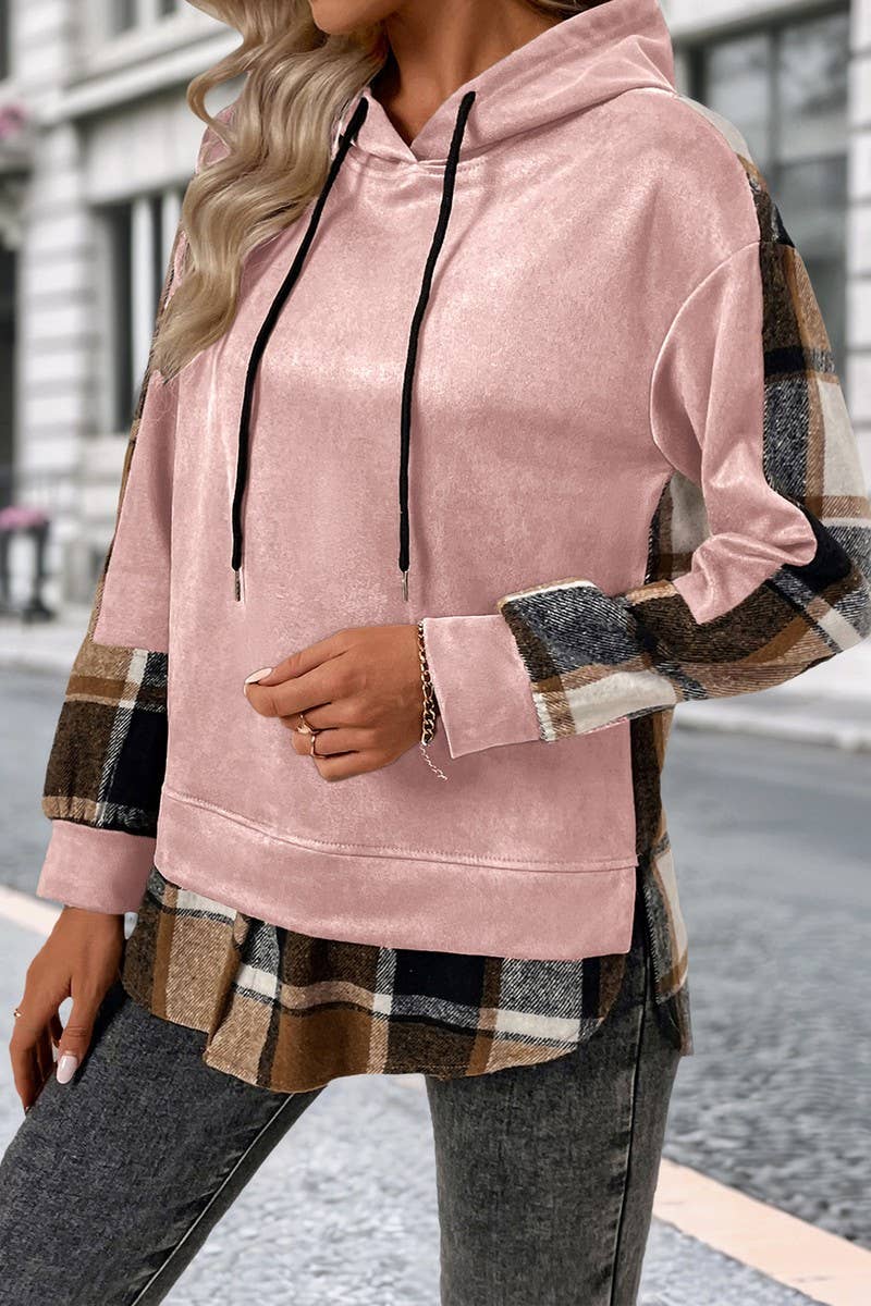 CWOHOL00587_PLAID PATCHWORK BRITISH STYLE HOODED SWEATSHIRT