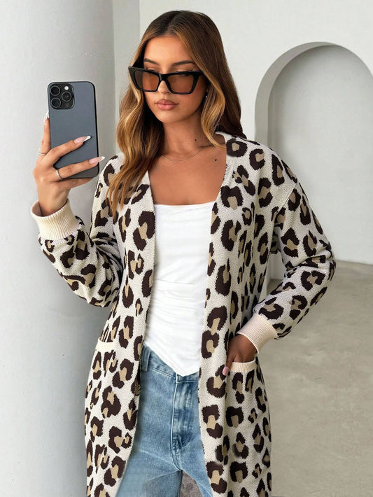 Leopard print jacquard long buttonless cardigan