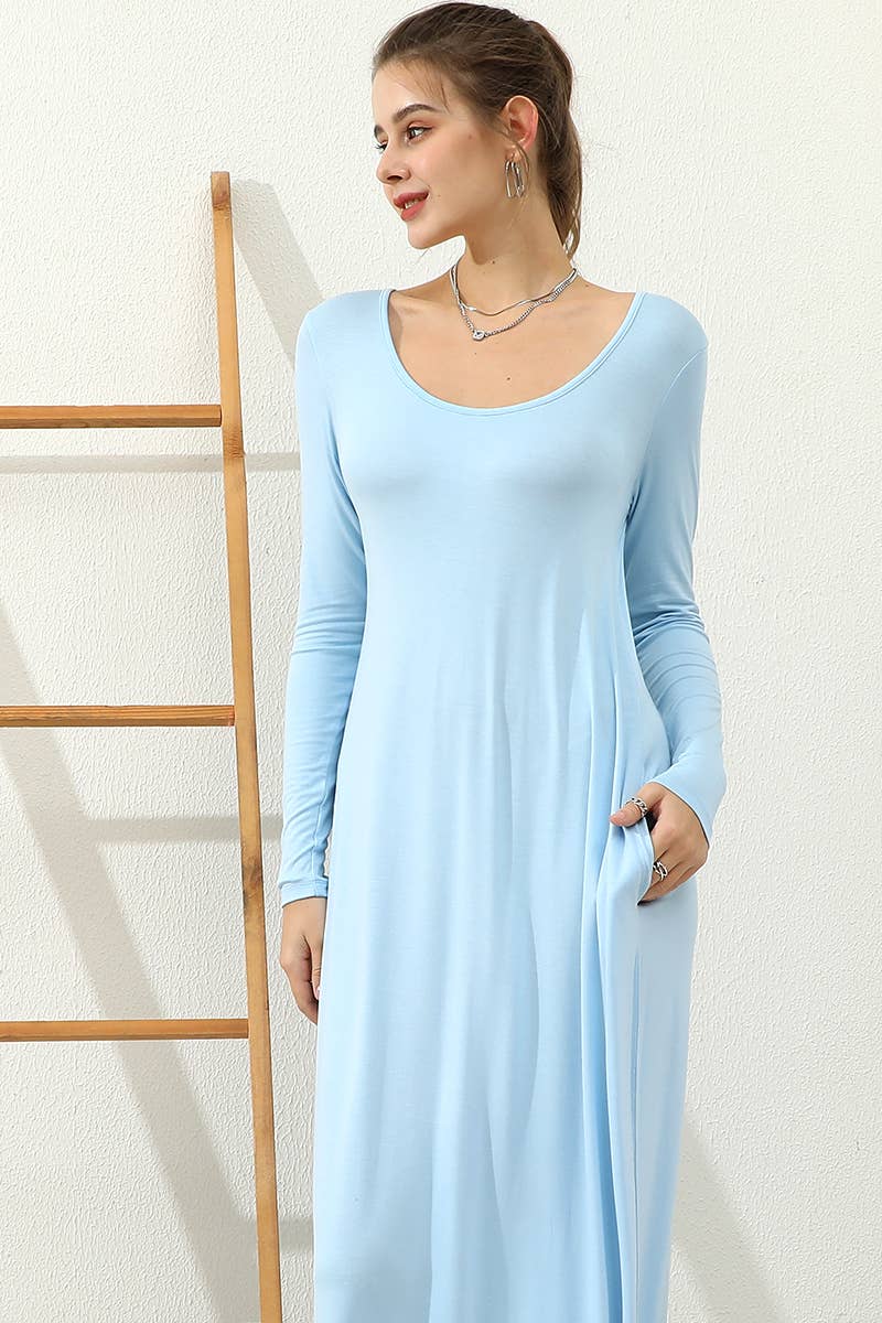 CWDMD799-P_R NECK LOOSE FIT MAXI DRESS WITH SIDE POCKETS