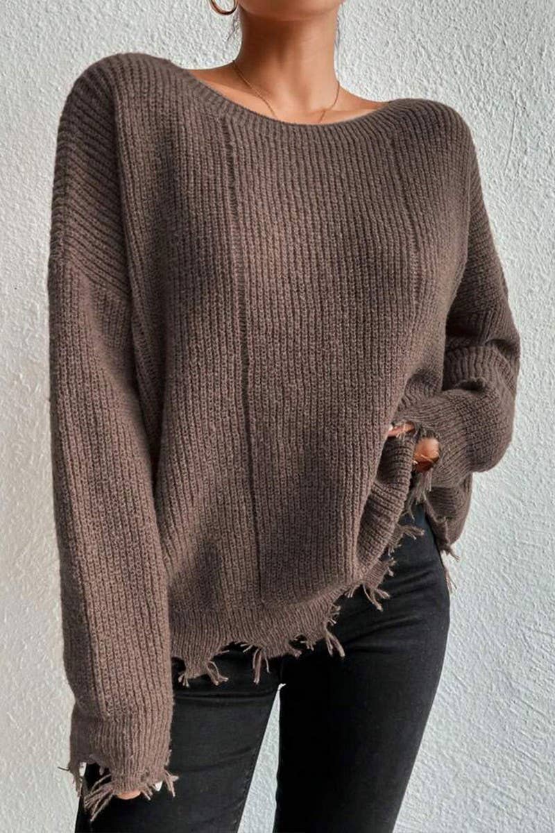 CWOSWL07632_LOOSE-FITTING DISTRESSED RAW-EDGE KNIT TOP