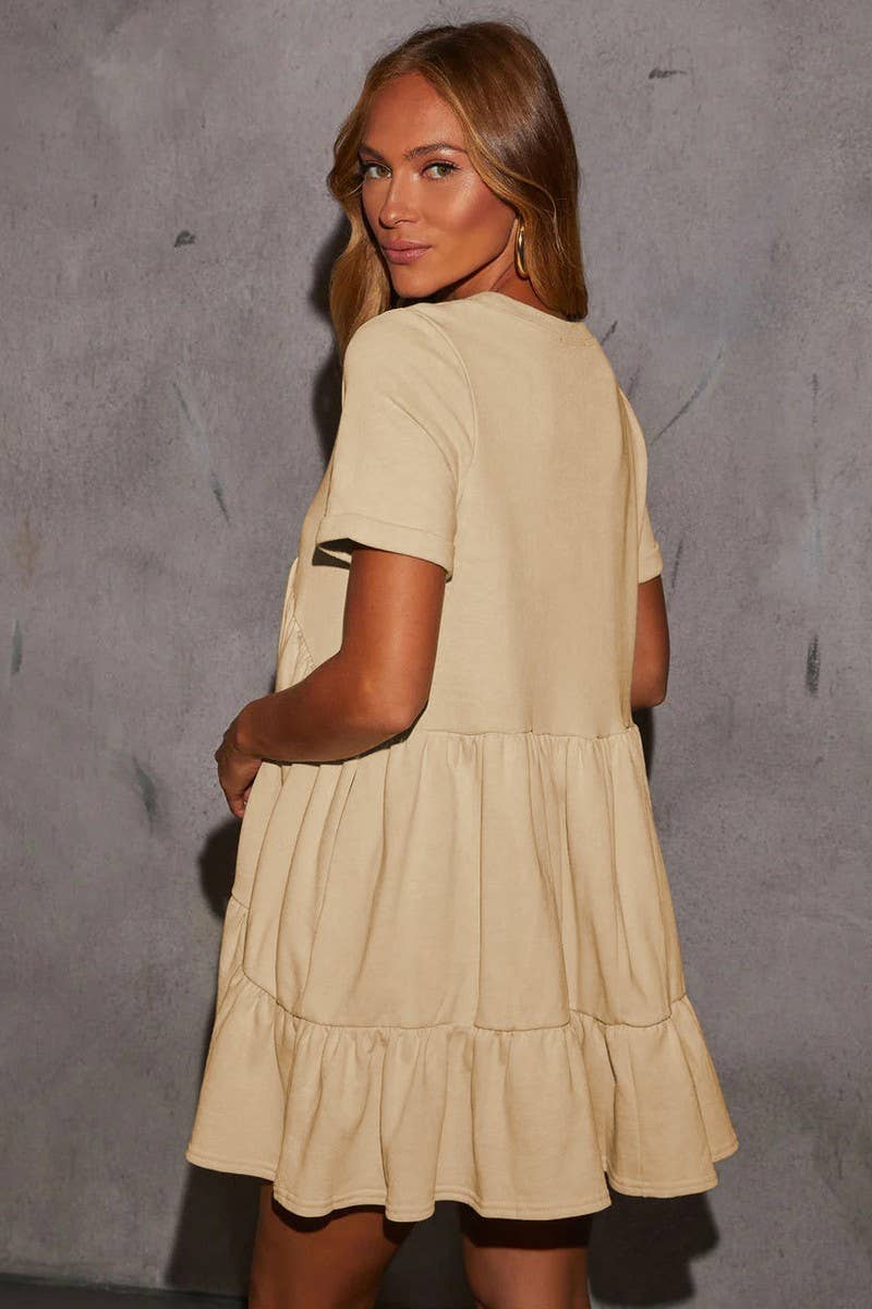 CWDSD7268_ROUND NECK POCKET SHORT SLEEVE PLEATED DRESS