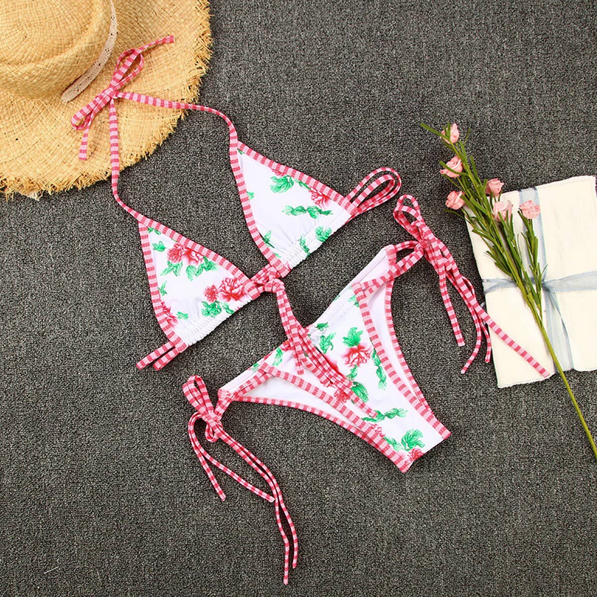 CONTRAST PRINT STRAPPY BIKINI SWIMSUIT