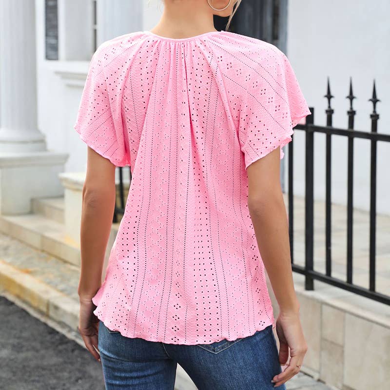 Solid color flying sleeve round neck T-shirt