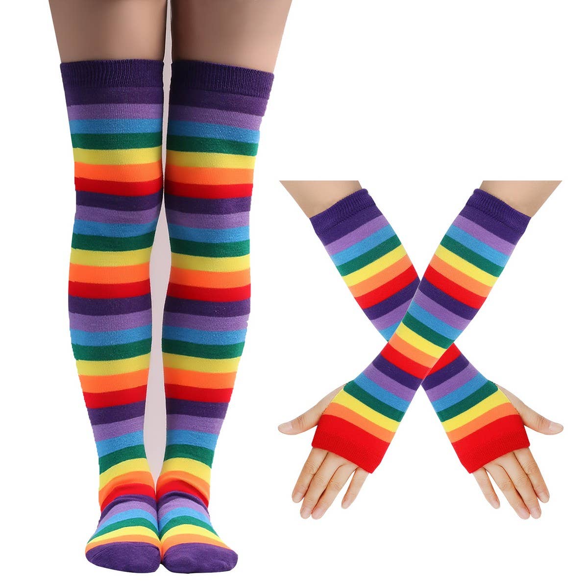 COLORFUL STRIPED KNEE SOCKS AND GLOVES SET