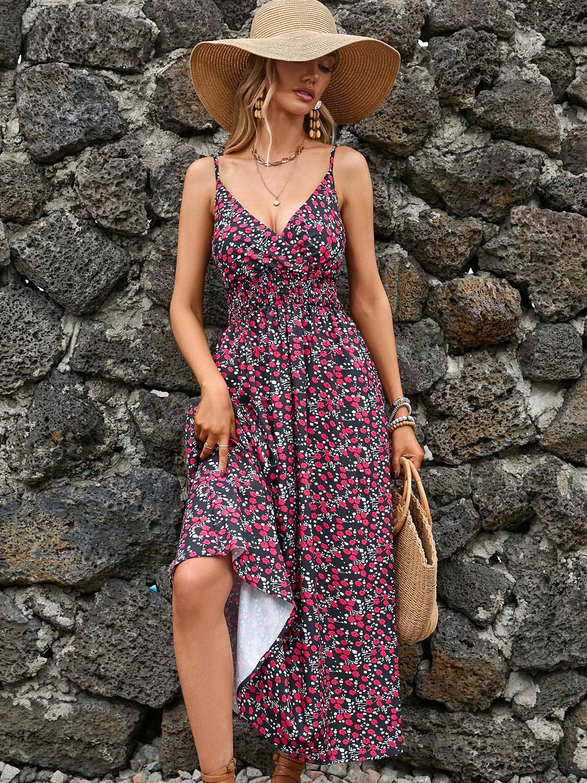 PRINTED HALTER V-NECK WAIST DRESS