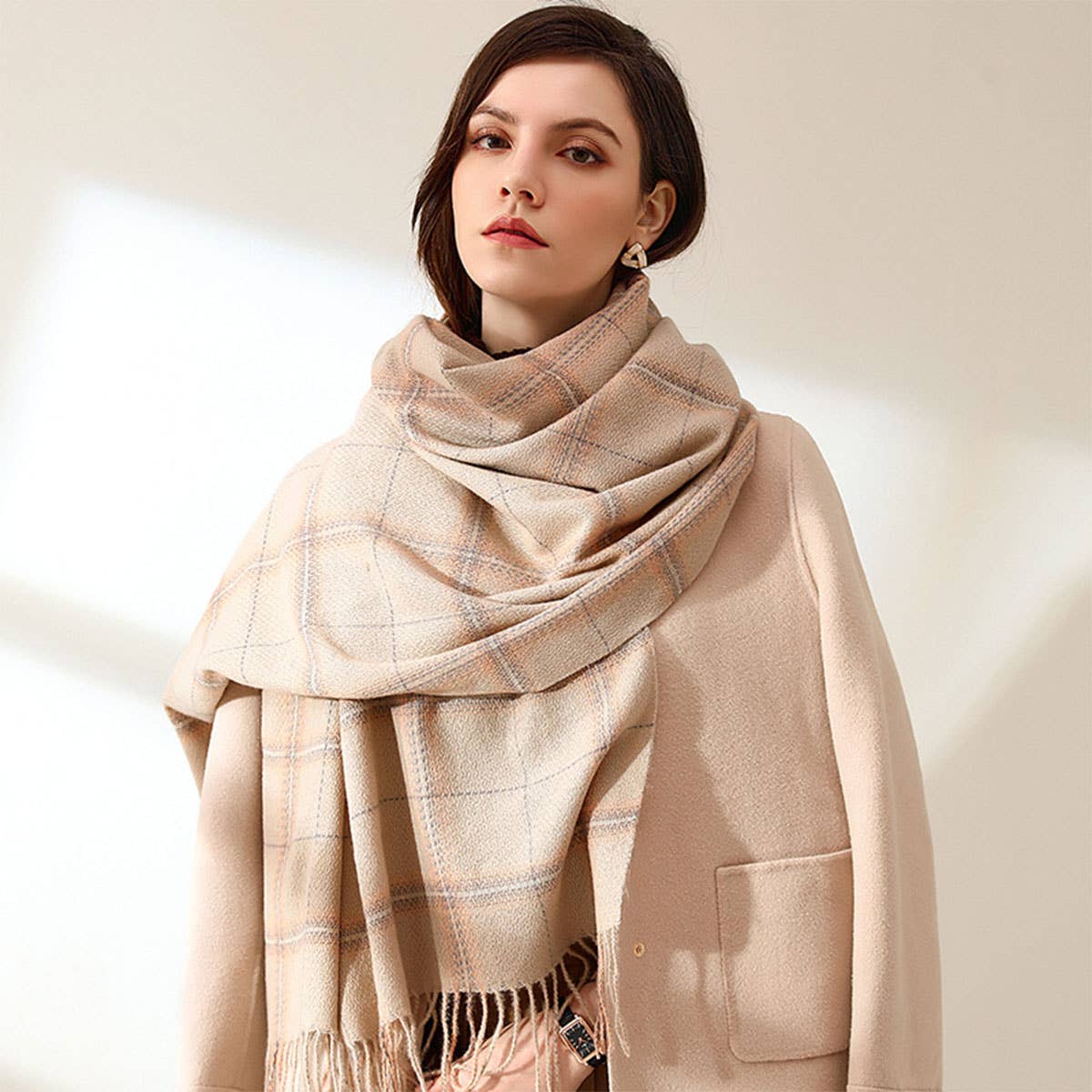 Plaid Faux Cashmere Scarf - Tassel Winter Shawl_CWASC0218