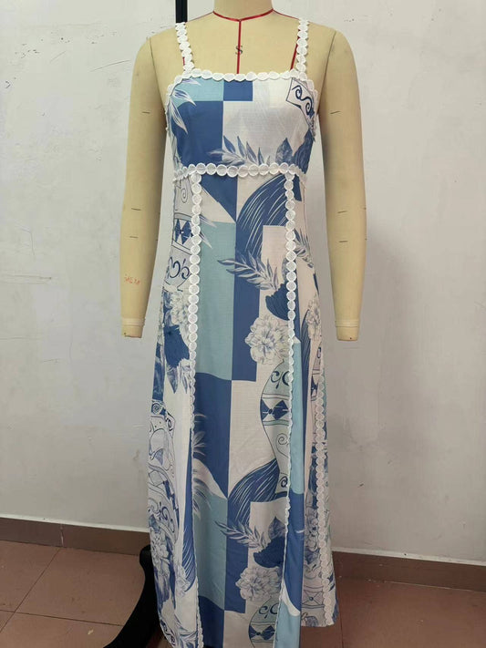 SLIM-FIT HALTER PRINT LONG FANNY PACK HIP DRESS