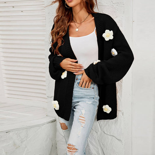 Flower cardigan lantern sleeve sweater coat_cwocal0687