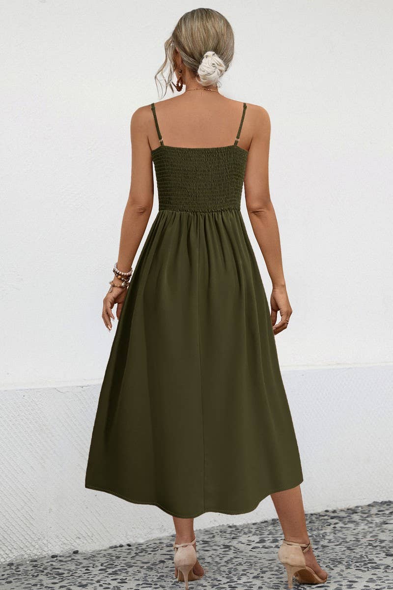 CWDSD4943_SOLID COLOR SUSPENDER BUTTON MIDI DRESS