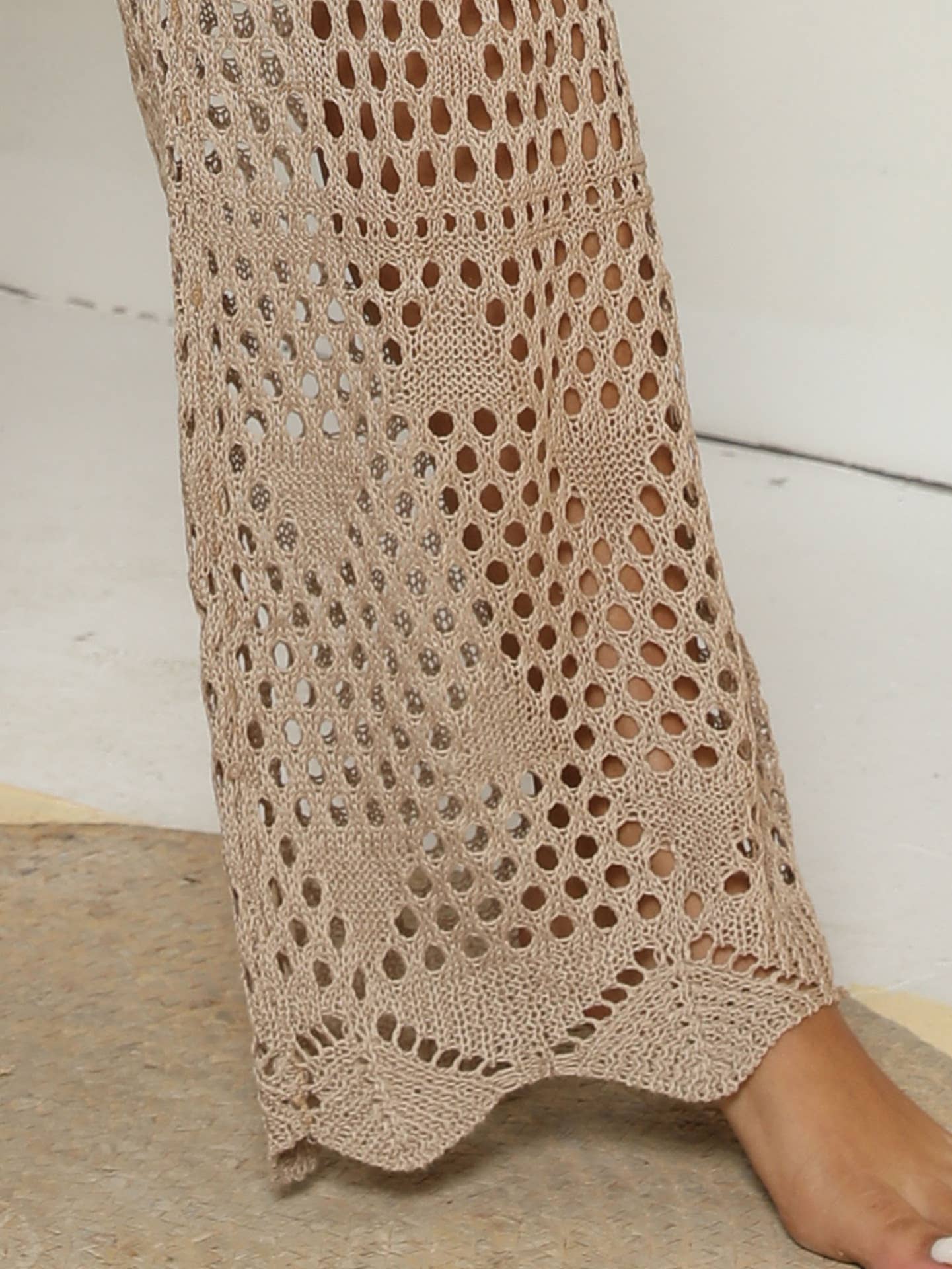 See-through hollow woven beach straight pants