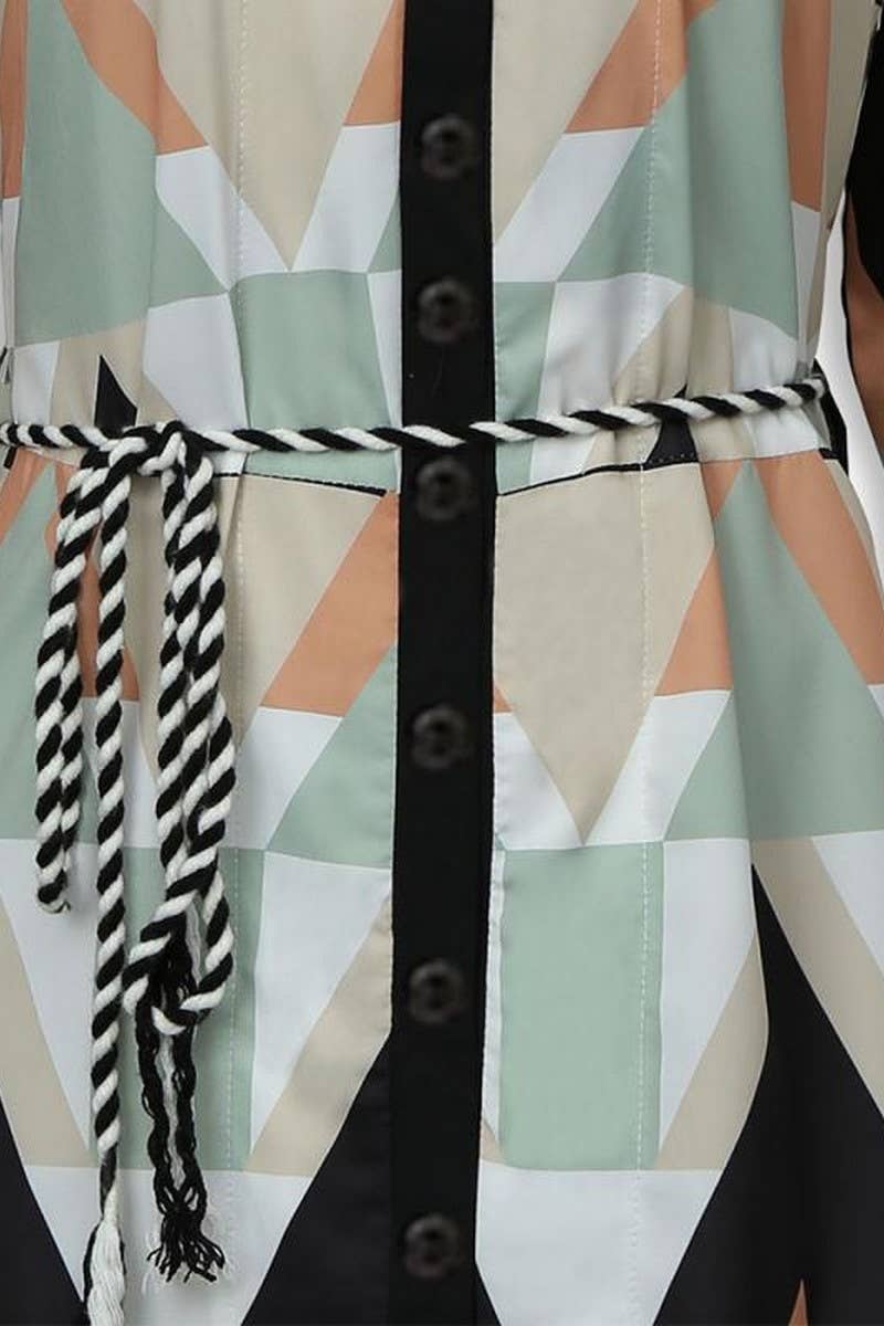 CWDMD4107_PLAID PRINT V-NECK THREE-QUARTER SLEEVE TIE DRESS