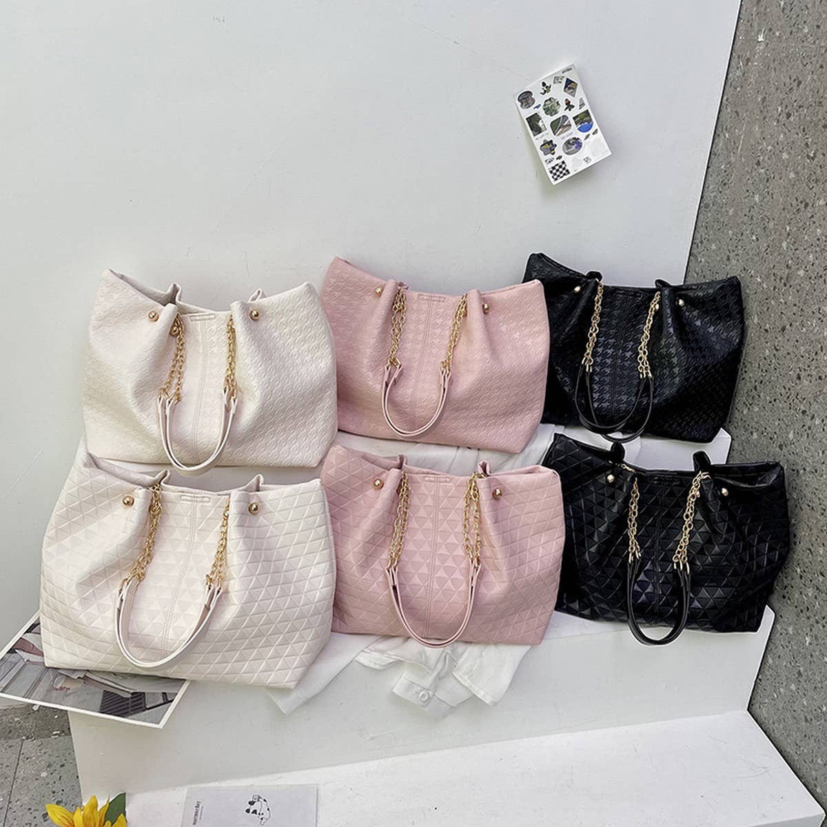 WOMEN SOLID COLOR PLAID TOTE BAG_CWAB1594