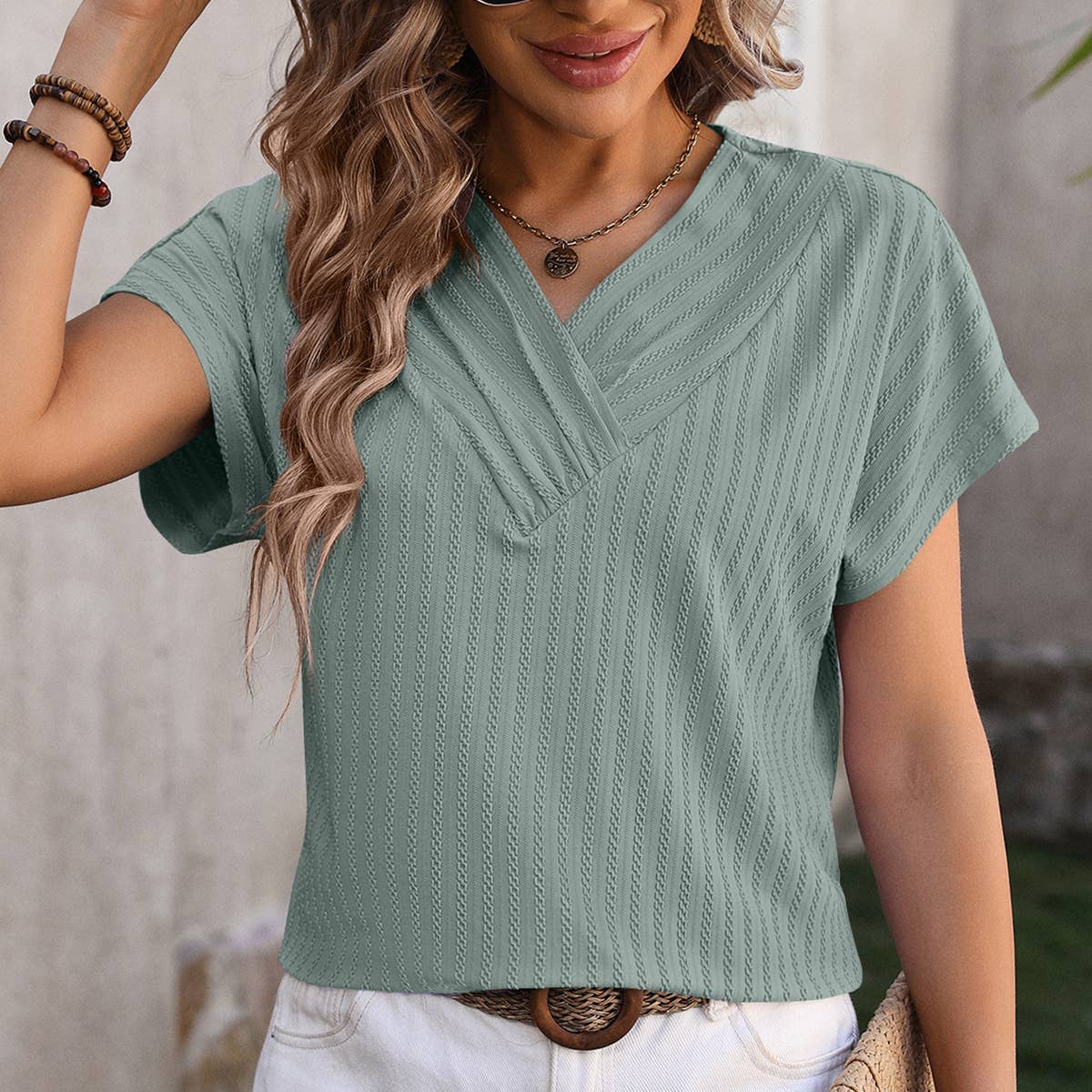 WOMEN'S V NECK PULLOVER JACQUARD SHORT SLEEVED TOP_CWTTS0897