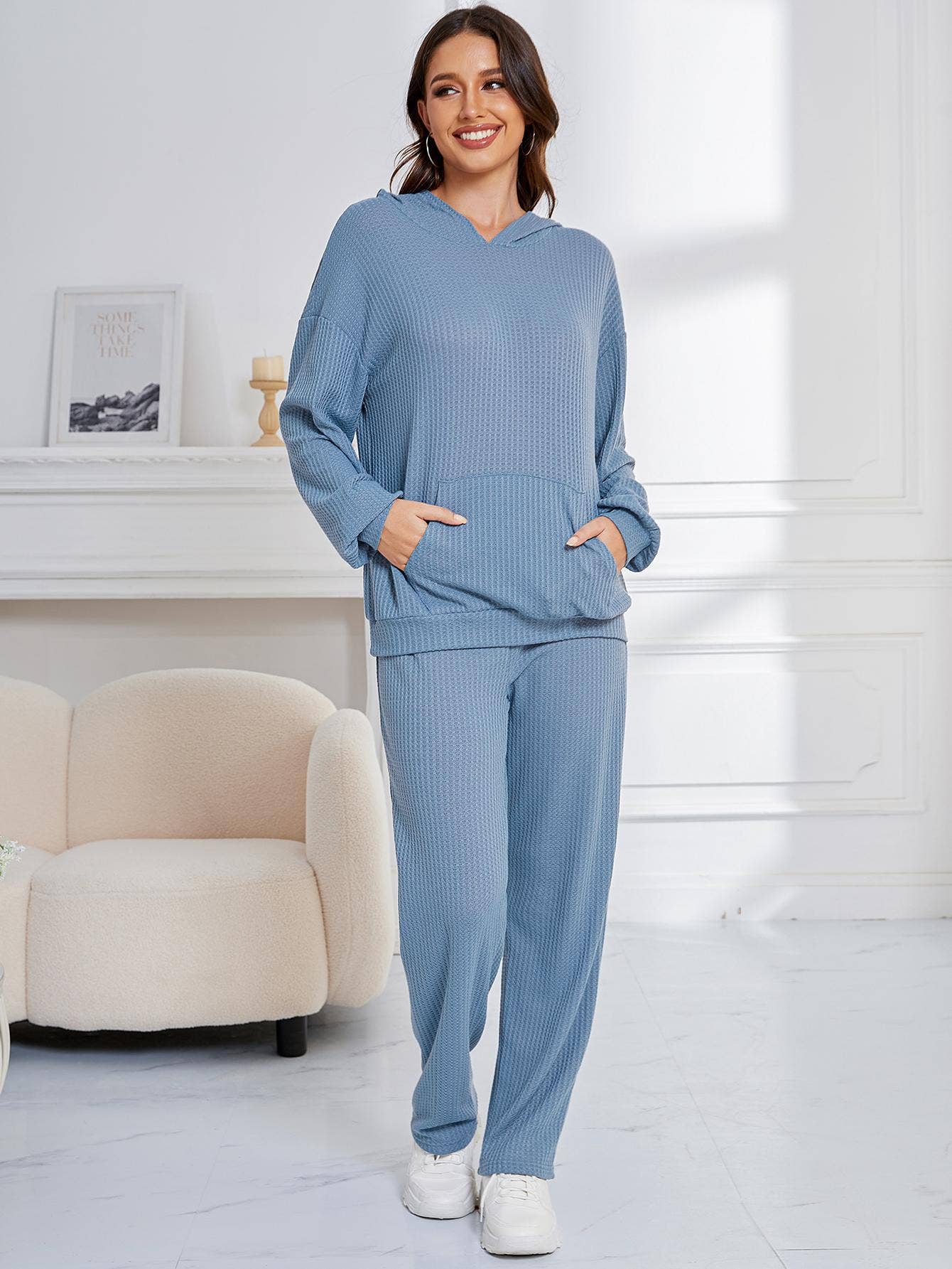 WAFFLE TWO-PIECE LOUNGEWEAR WITH LONG SLEEVES