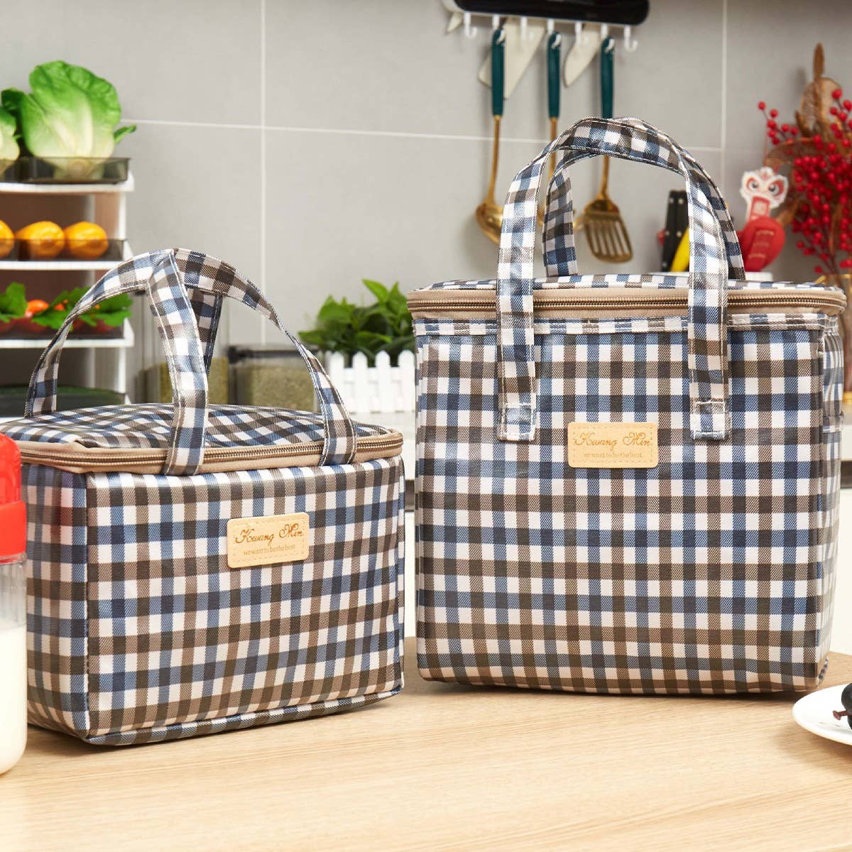 CHECKERED BENTO BAG LARGE CAPACITY CARRYING BAG_CWAB1728