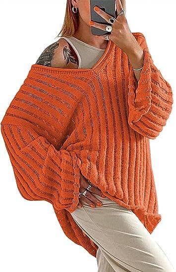 V-NECK SOLID COLOR PIT STRIPE THICK KNIT SWEATER