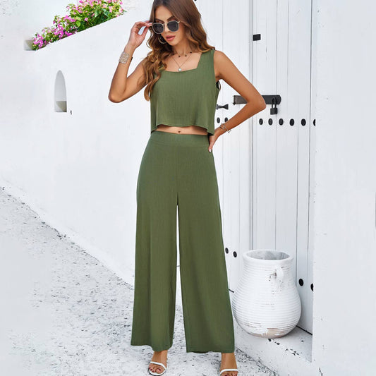 SOLID SLEEVELESS VEST AND PANTS SUIT_CWSTB0514