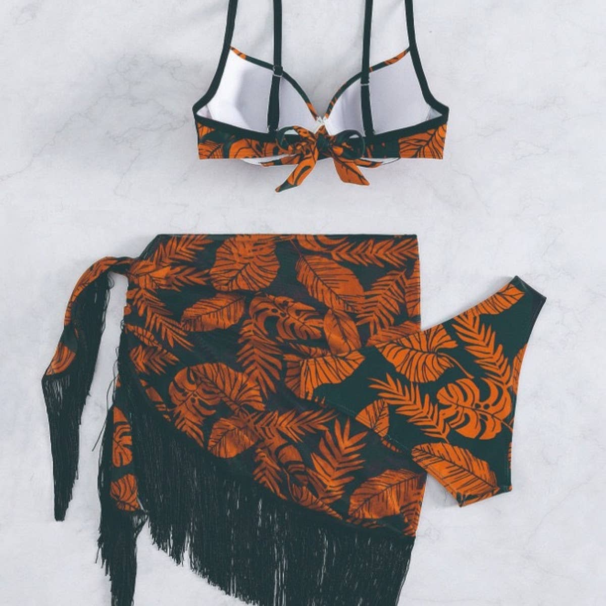 PRINTED TASSEL WRAP SKIRT THREE-PIECE SWIMSUIT_CWMW0335