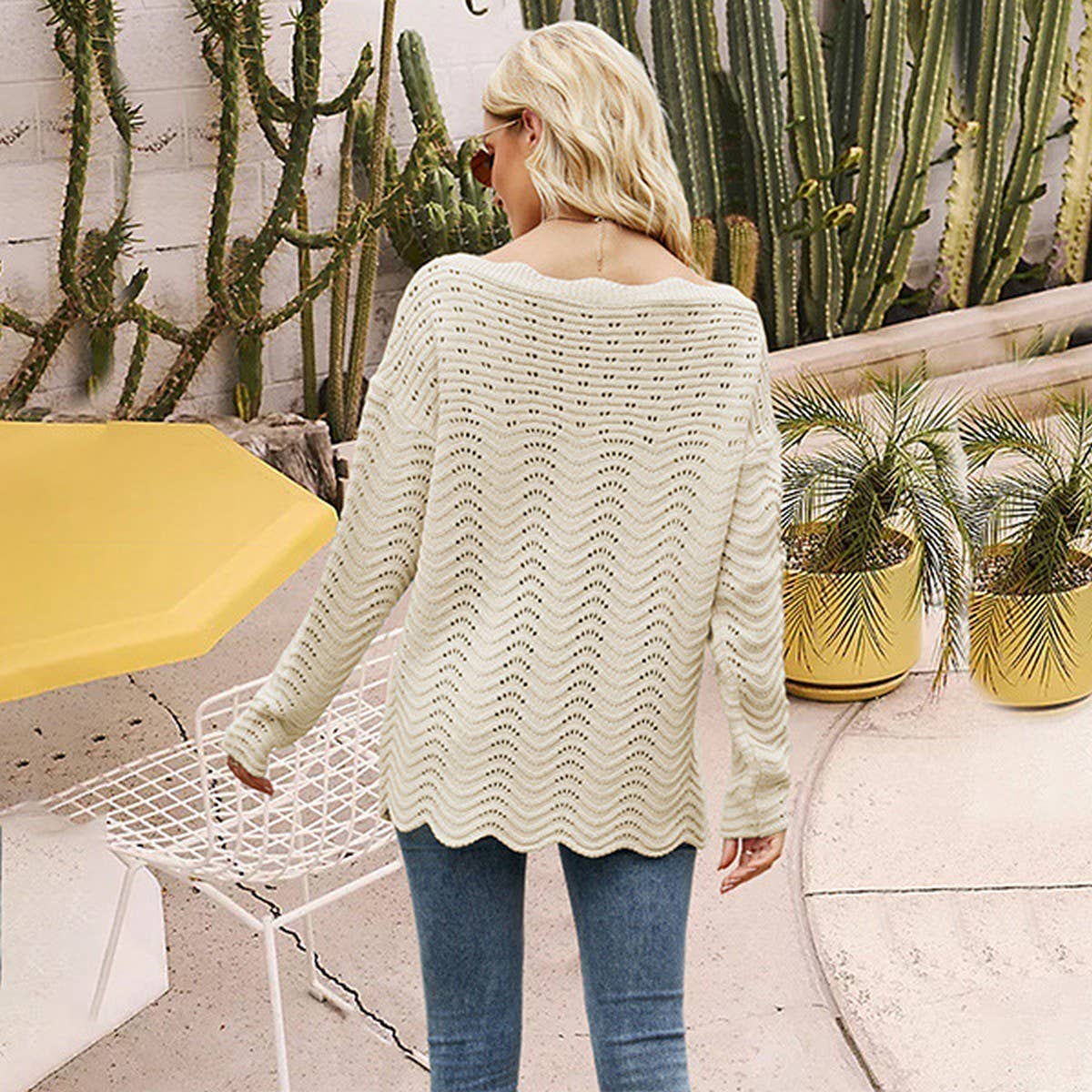 Hollowed-out pullover lace line neck sweater