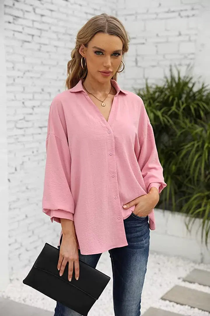 LANTERN SLEEVE BUTTON V-NECK CHIFFON CASUAL SHIRT