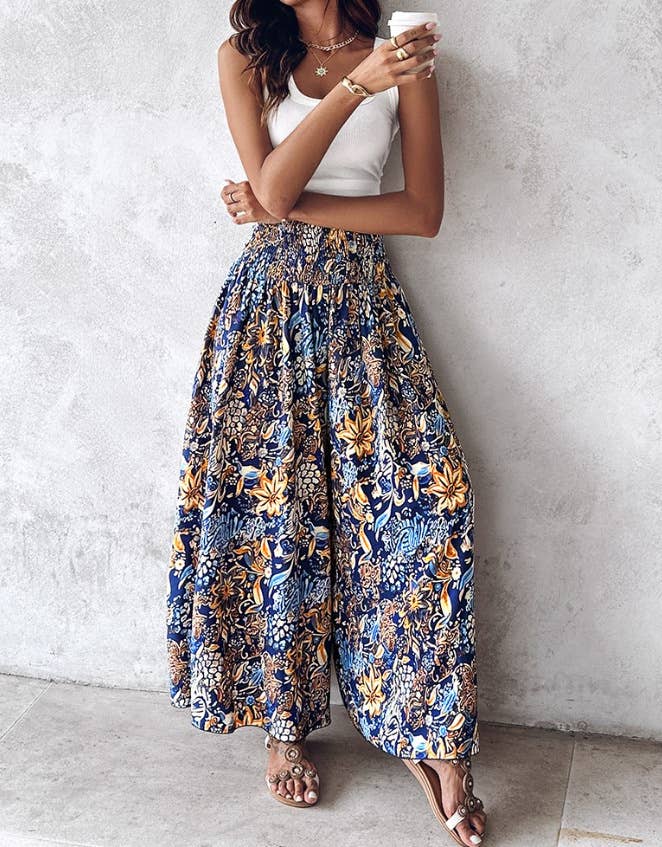 Tropical print retro floral print wide leg pants