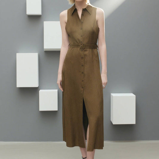 Split sleeveless solid cinched waist shirt dress