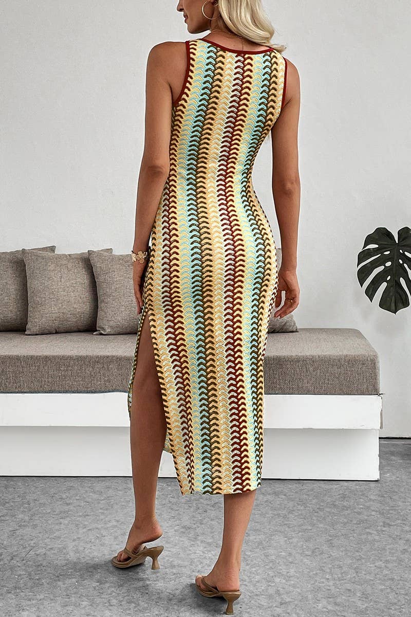 CWDMD6292_STRIPED CROCHET SLEEVELESS BODYCON TANK DRESS