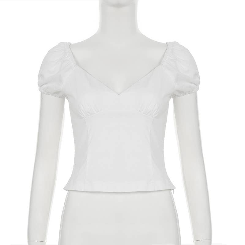 Hook-button lace patchwork puffed sleeve T-shirt