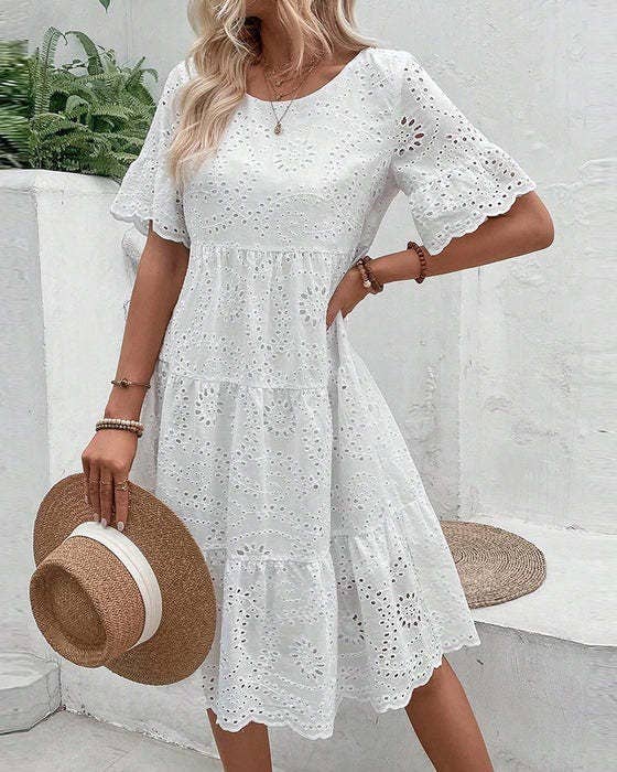 SOLID-COLOR COTTON EMBROIDERED LACE CUTOUT DRESS_CWDSD10724