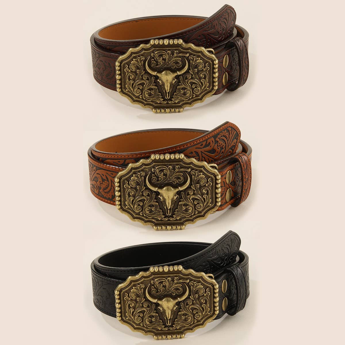BULL HEAD ALLOY BUCKLE PU BULL HEAD EMBOSSED BELT_CWMM3944