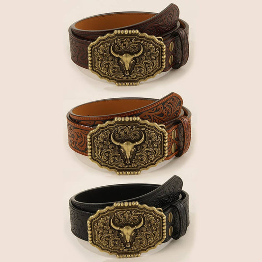 BULL HEAD ALLOY BUCKLE PU BULL HEAD EMBOSSED BELT_CWMM3944