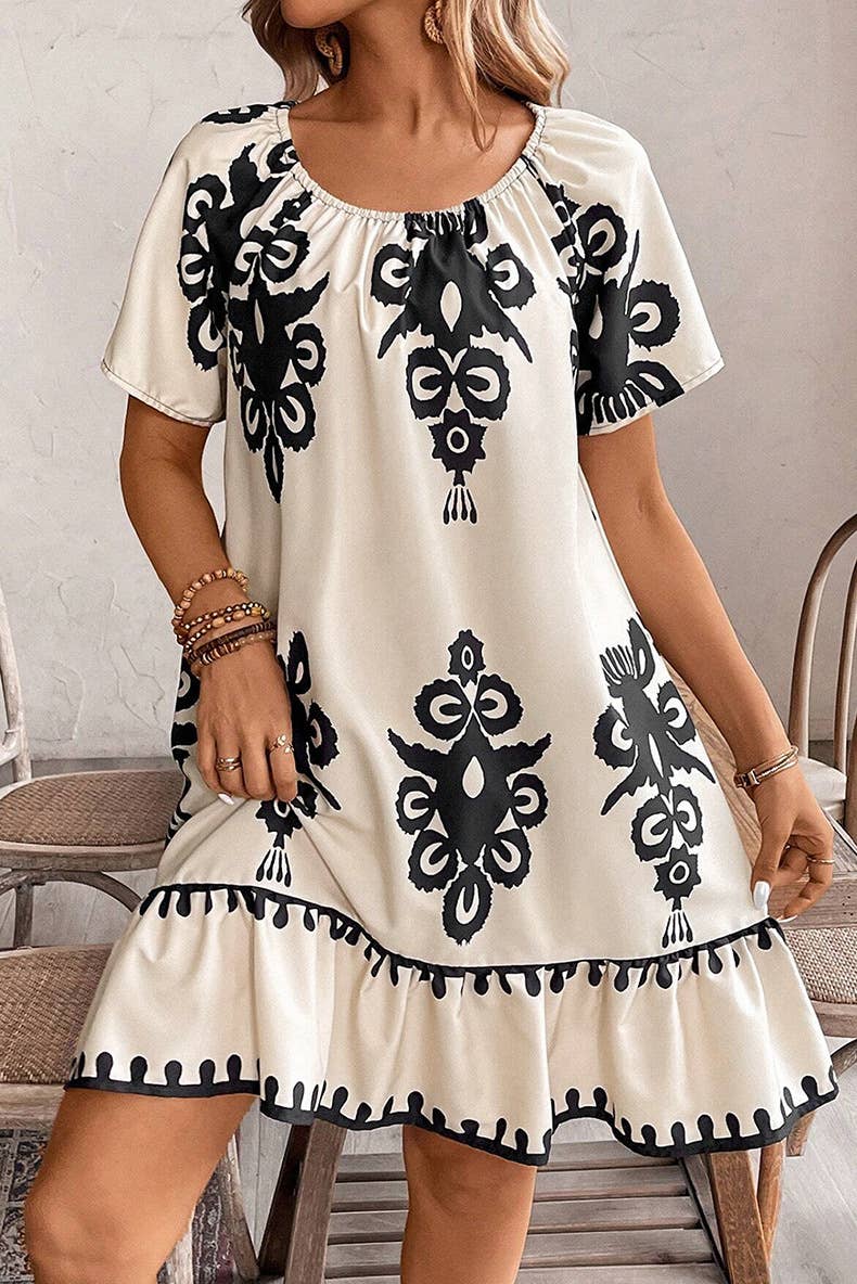 Loose straight leg vintage geometric print dress
