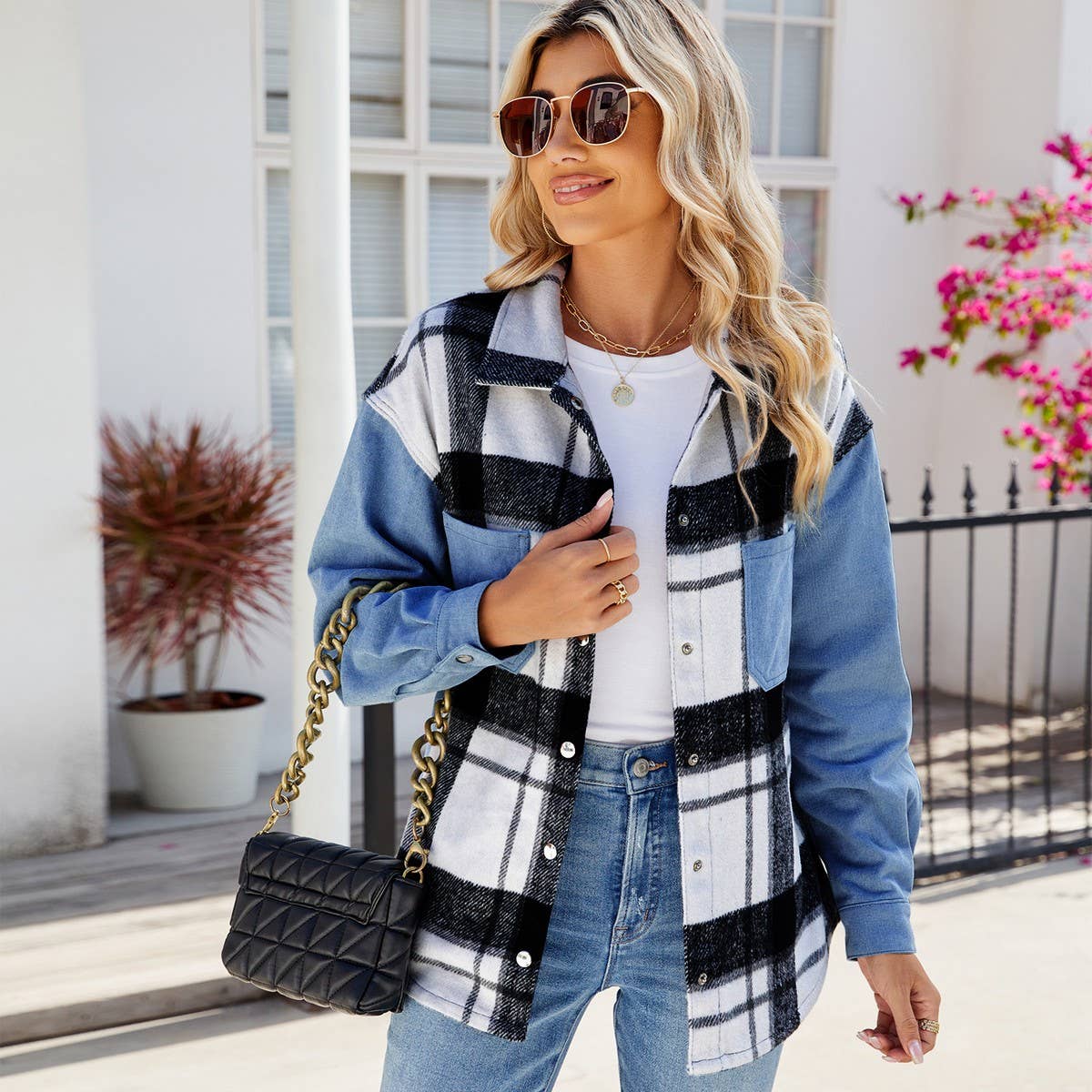 Washed plaid denim long-sleeved coat