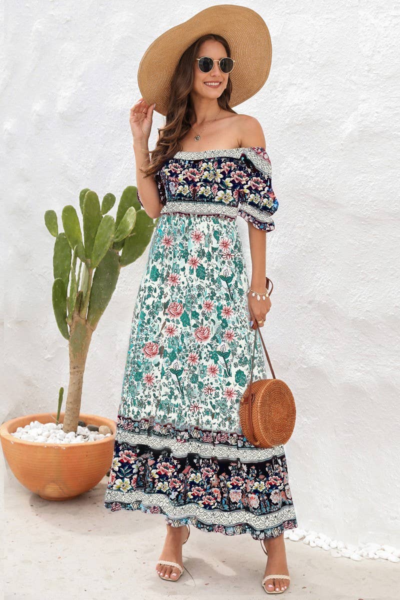 CWDMD2149_PRINTED ONE SHOULDER PUFF SLEEVE MIDI DRESS