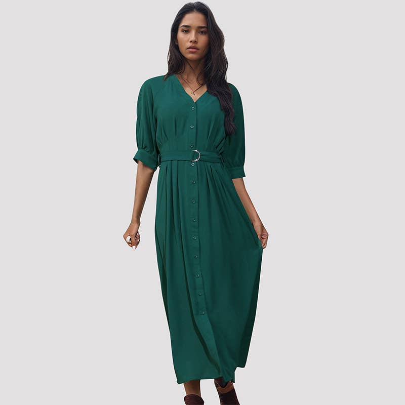 LONG MID-SLEEVED GREEN DRESS WITH BELT