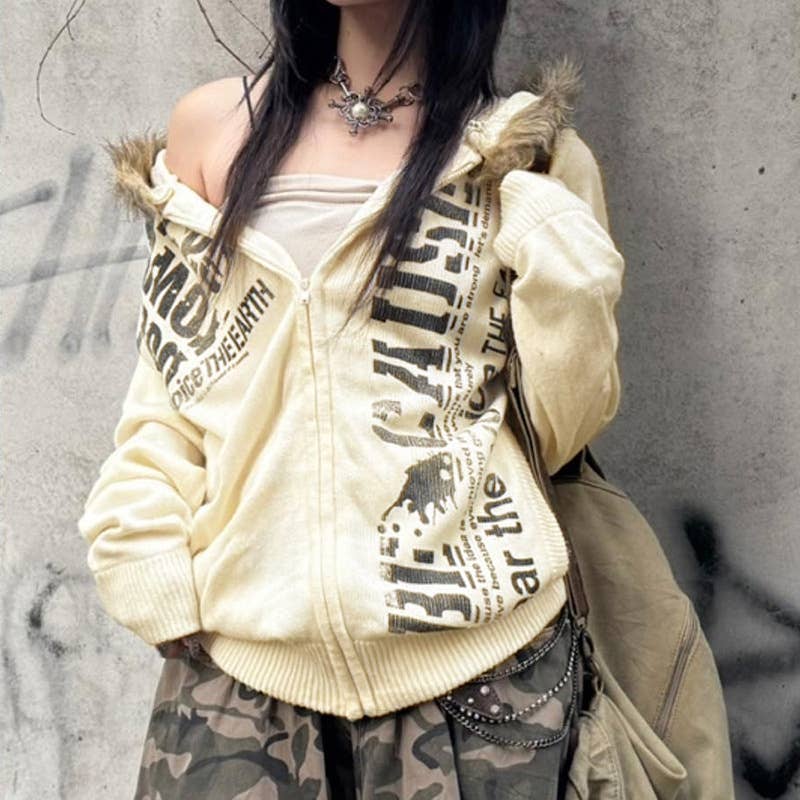 JUNK-STYLE VINTAGE PRINT HOODIE WITH FURRED HEM