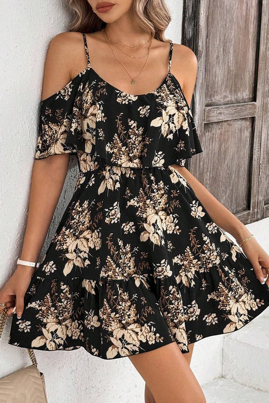 CWDHL0971_WOMEN'S ELEGANT PRINTED SLING WAIST RUFFLE DRESS
