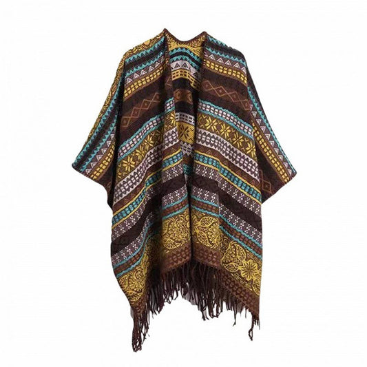 FAUX CASHMERE TASSEL SHAWL BLANKET SLIT CAPE