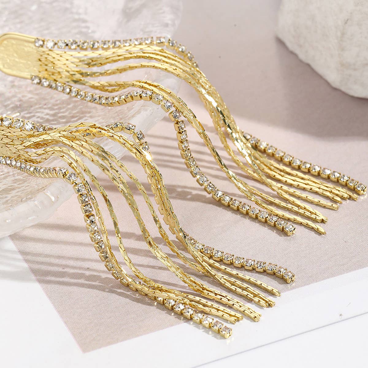 RHINESTONE DECOR METAL TASSEL DROP EARRINGS