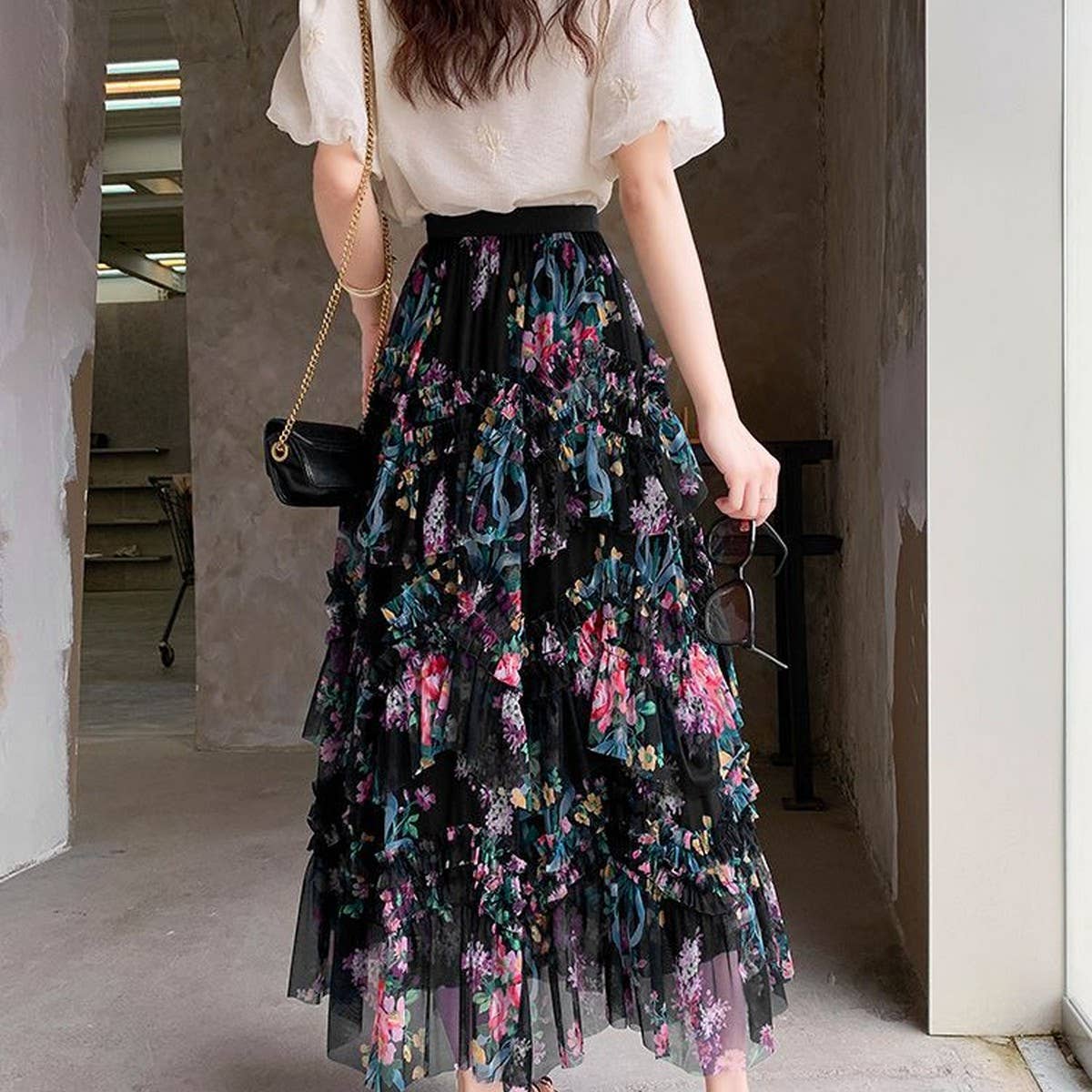 COLORFUL FLORAL MESH PRINT PLEATED TULLE SKIRT