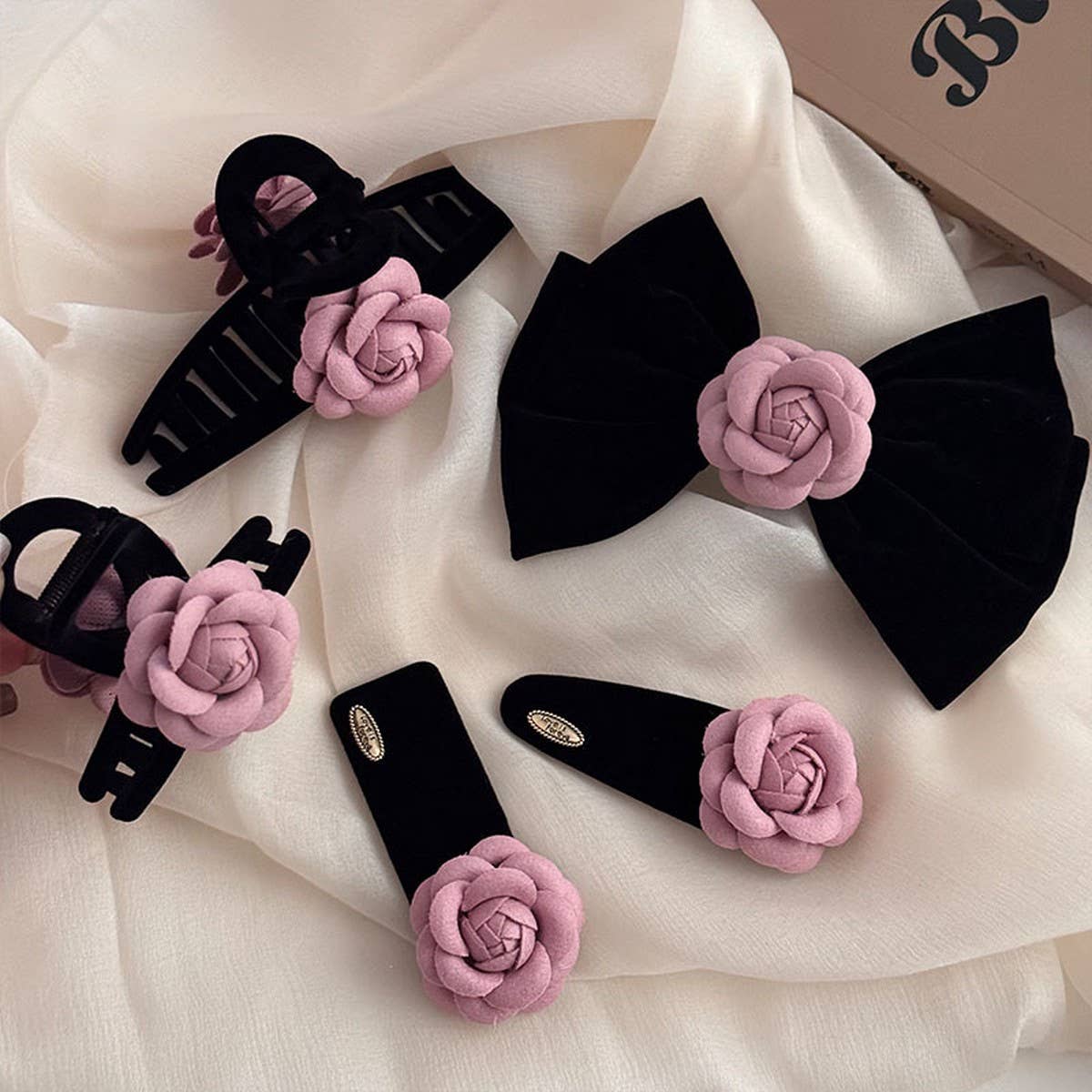 NEW BLACK VELVET PINK CAMELLIA HAIRPIN