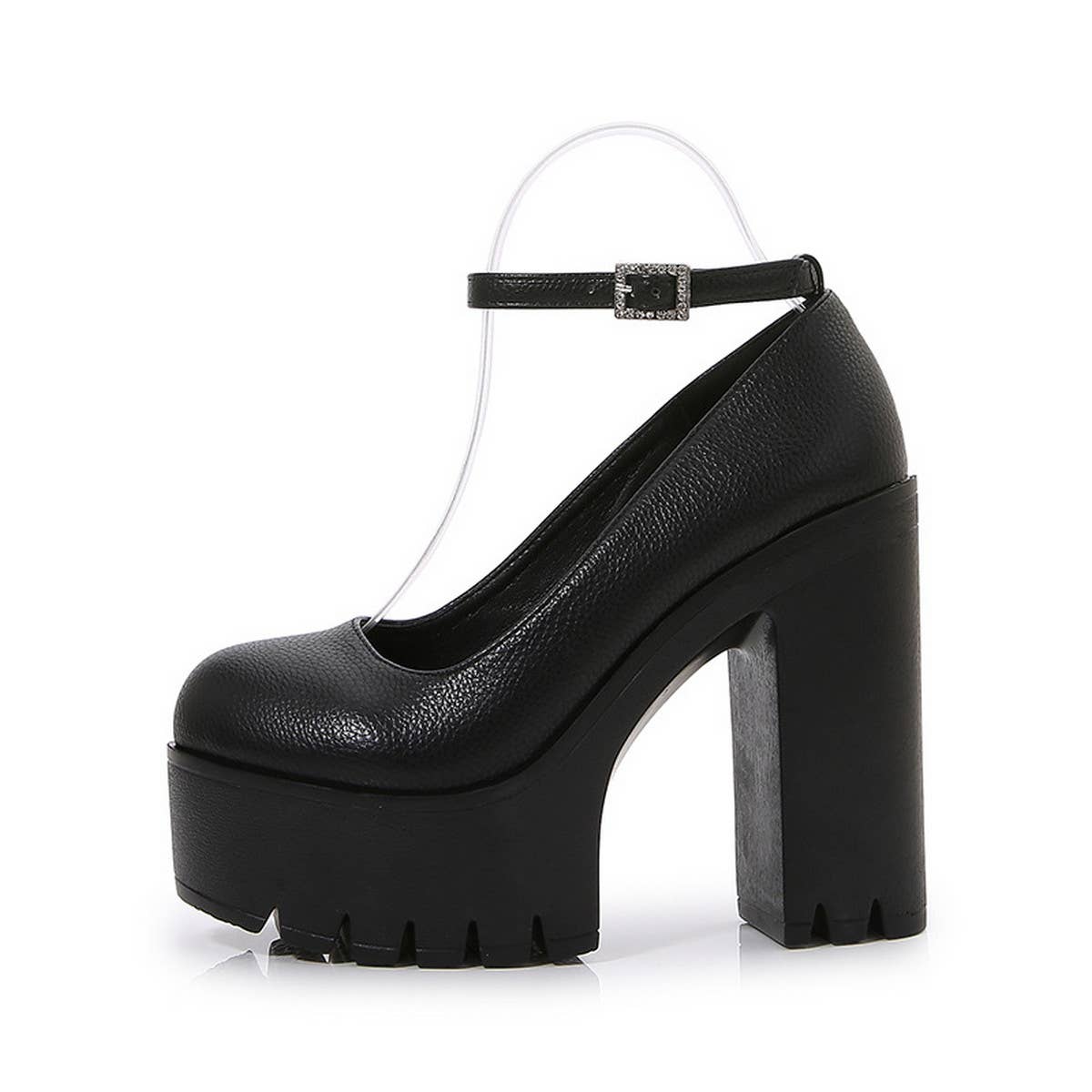 ROUND TOE FLAT BUCKLE PLATFORM HIGH HEELS