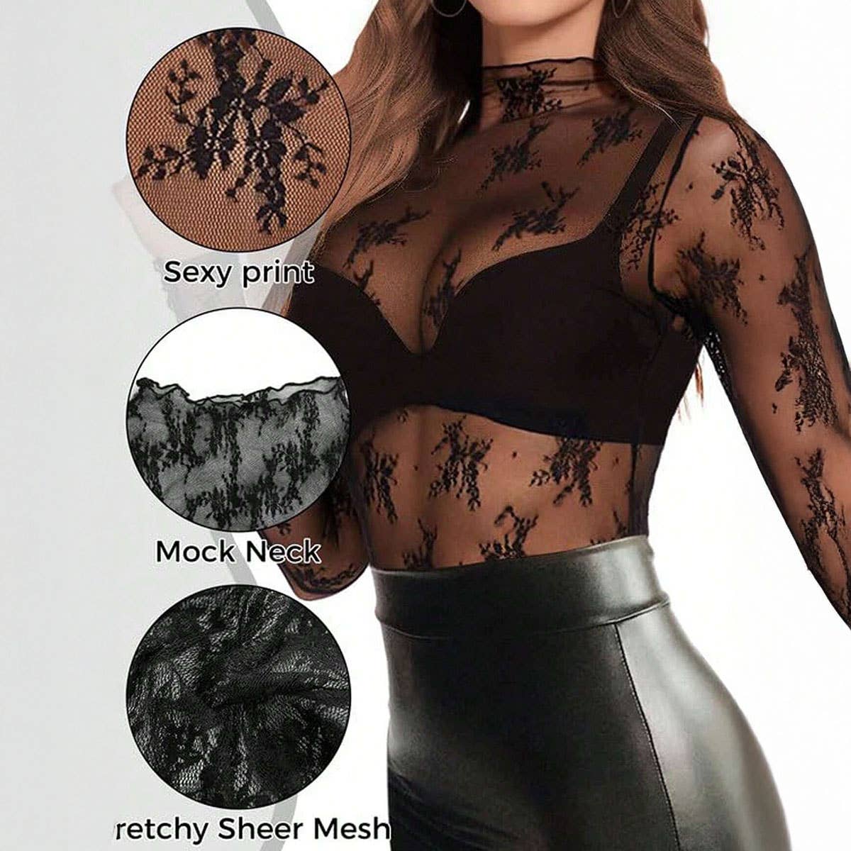 Semi Sheer Mesh Lace Sexy Slim Bottoming Shirt