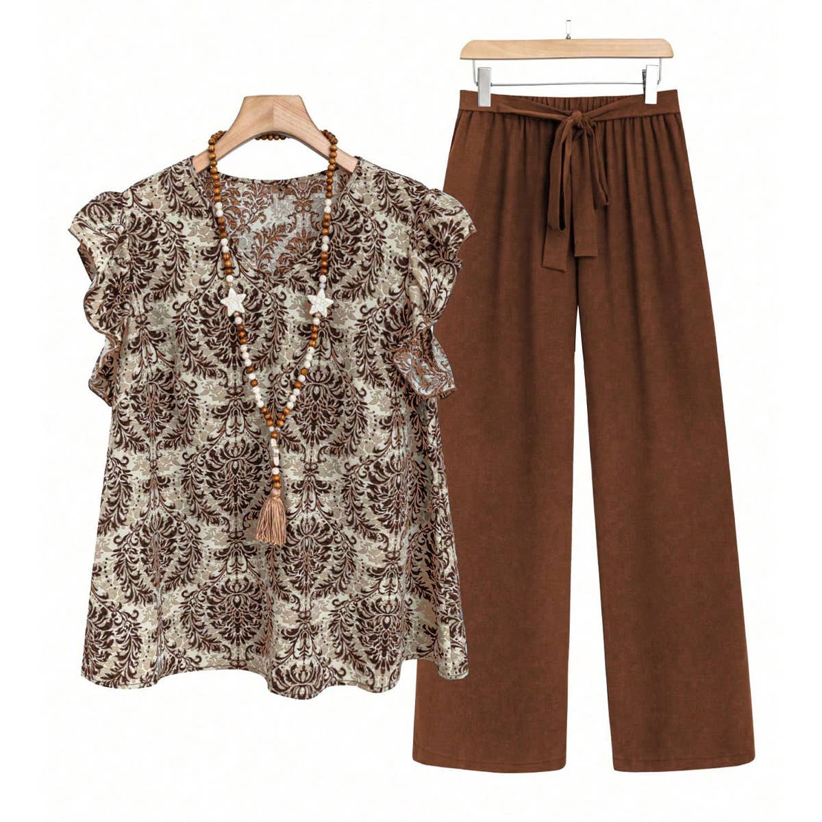 Solid color pantsuit lotus sleeve printed top