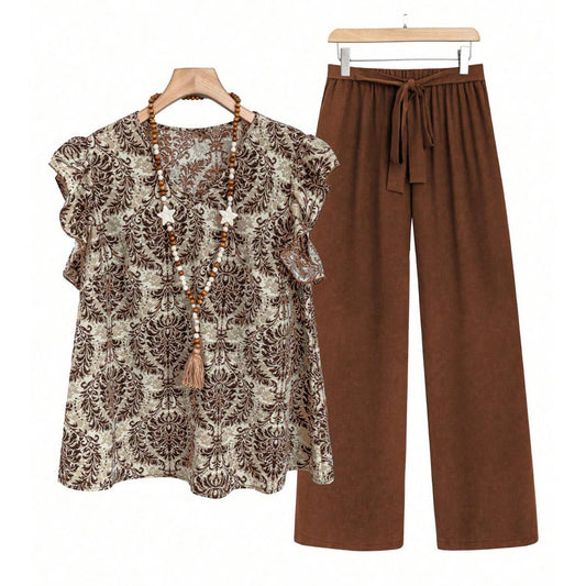 Solid color pantsuit lotus sleeve printed top