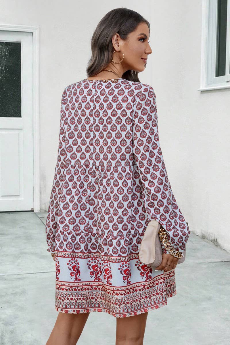 CWDSD4870_PRINTED LONG SLEEVE CREW NECK DRESS